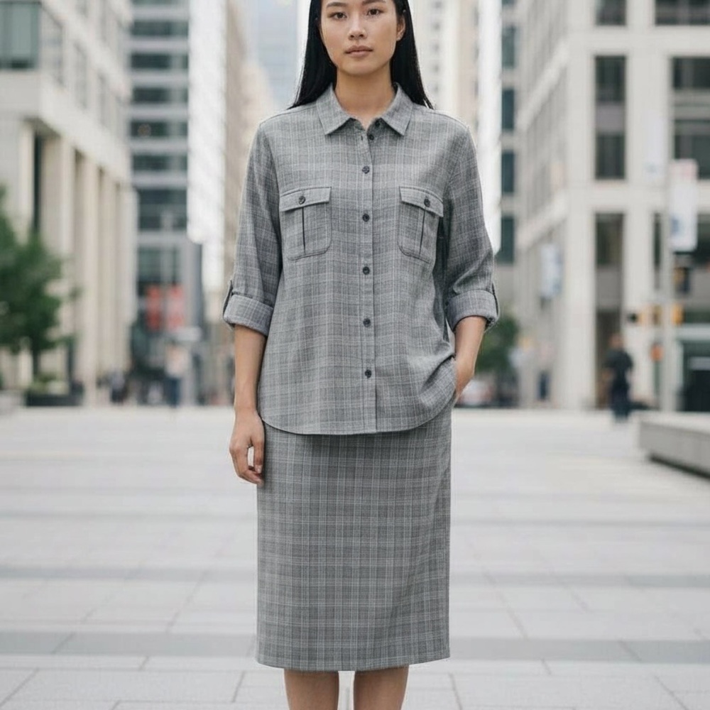 Norton McNaughton Gray Checkered Shirt Jacket & Skirt